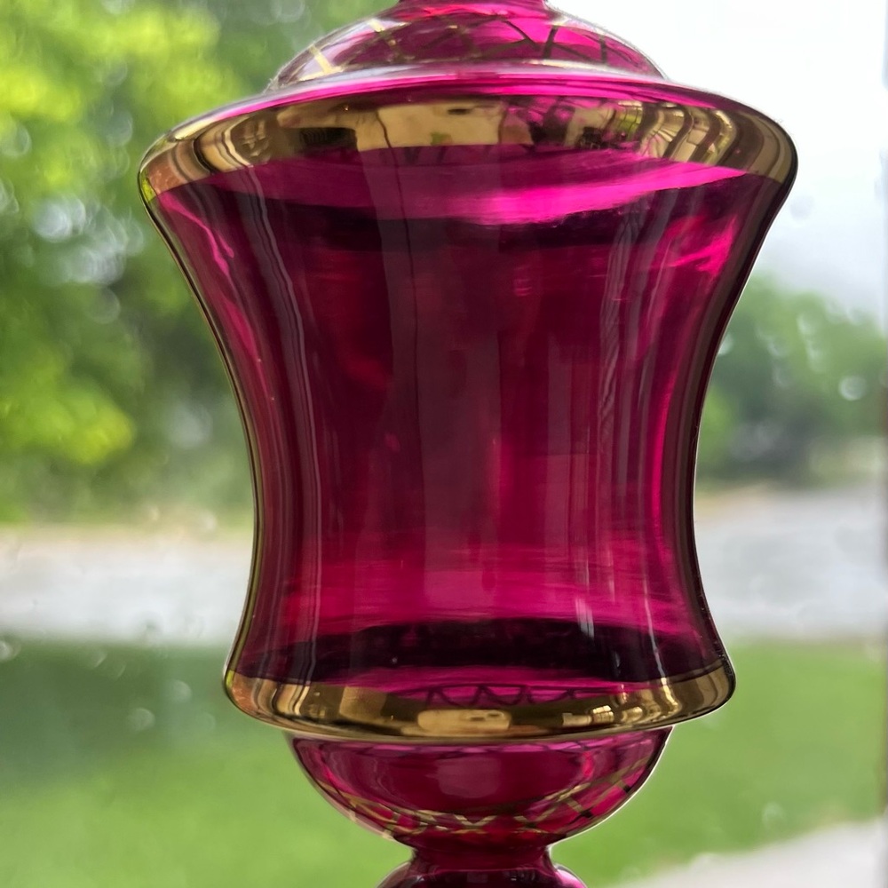 1940’s Hand Blown Cranberry Glass Ornament With Gold Hand Painted Accents